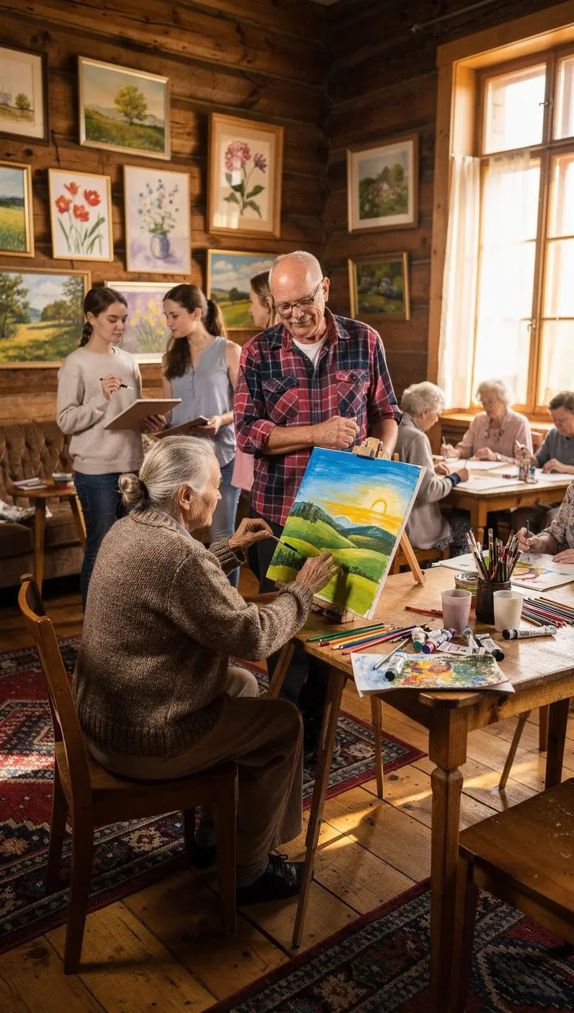 Mierīga mājas vide, kurā vecāki un bērni kopā atpūšas un relaksējas.